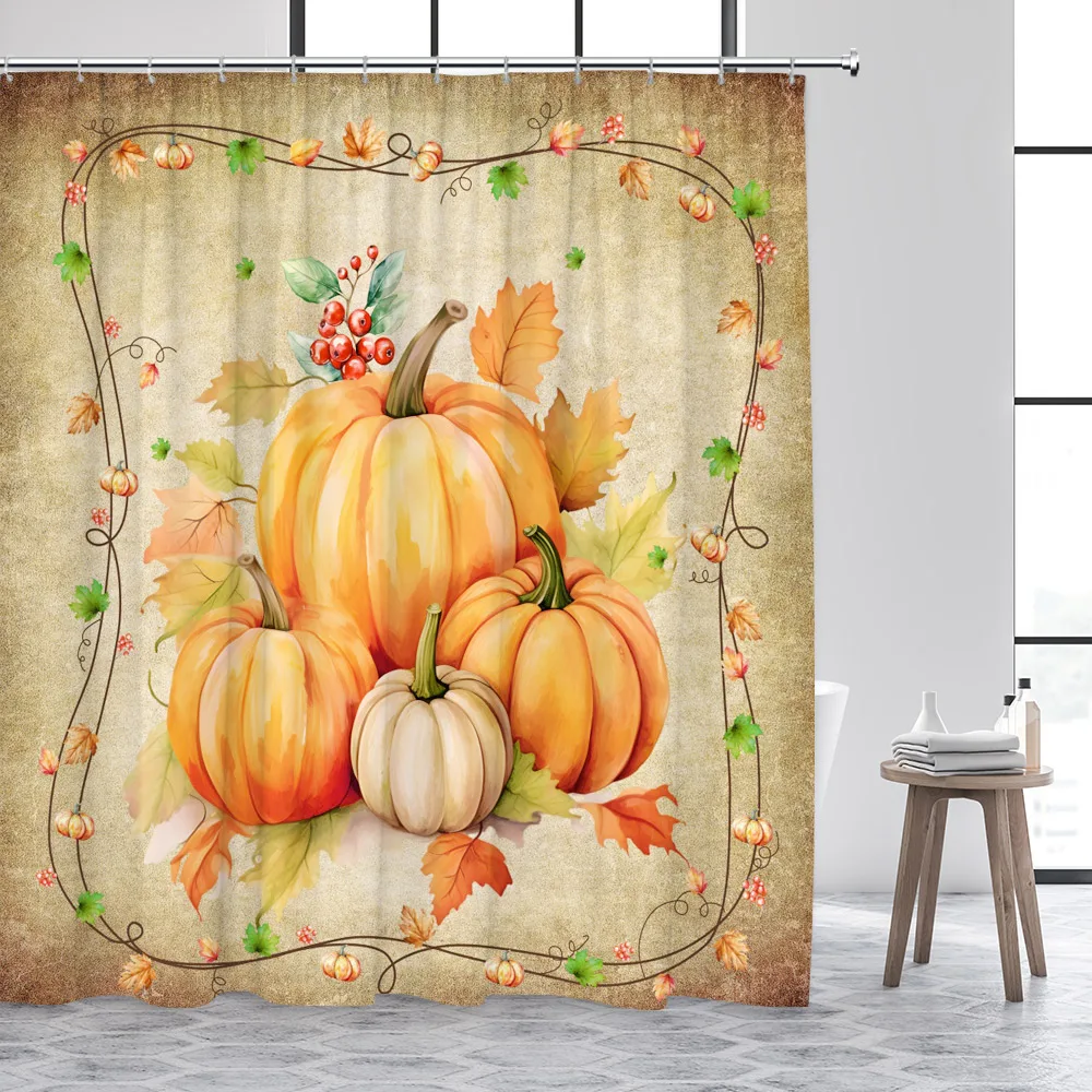 Autumn Shower Curtain Funny Cat Squirrel Pumpkin Tree Red Bird Fall Scenery Bath Curtains Fabric Home Bathroom Decor with Hooks