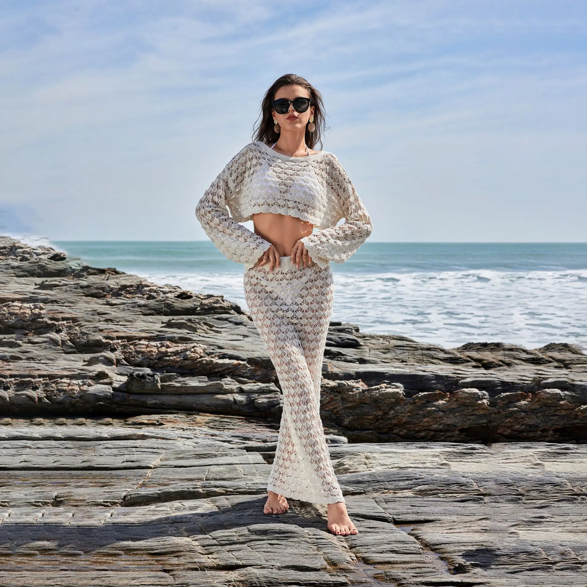 Sexy Knitted Hollow out Bikini Set Beach Dr Women's Long Sve round Ne Two-Piece Suit for Ages 8-25 Summer Faion