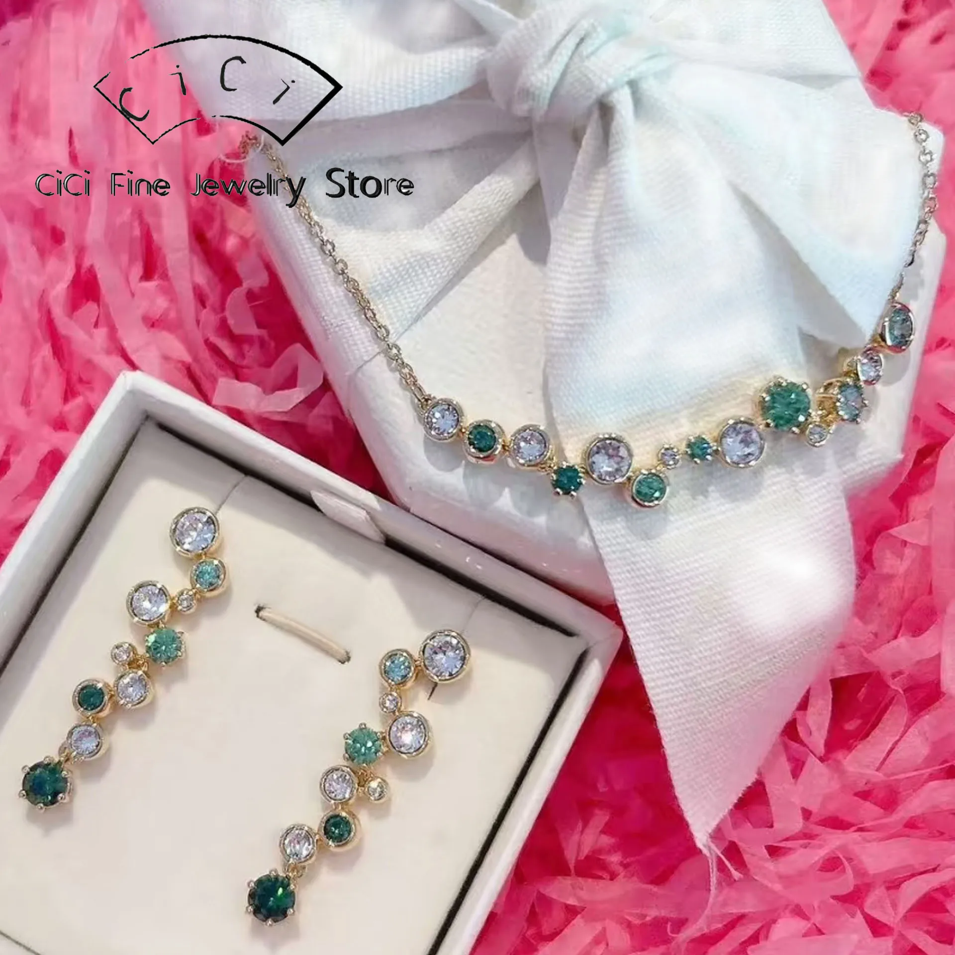 

2025 New Trend Water Drop Green Crystal Fine Jewelry Set Women's Stainless Steel Necklace Bracelet Ring Earring Party Accessorie