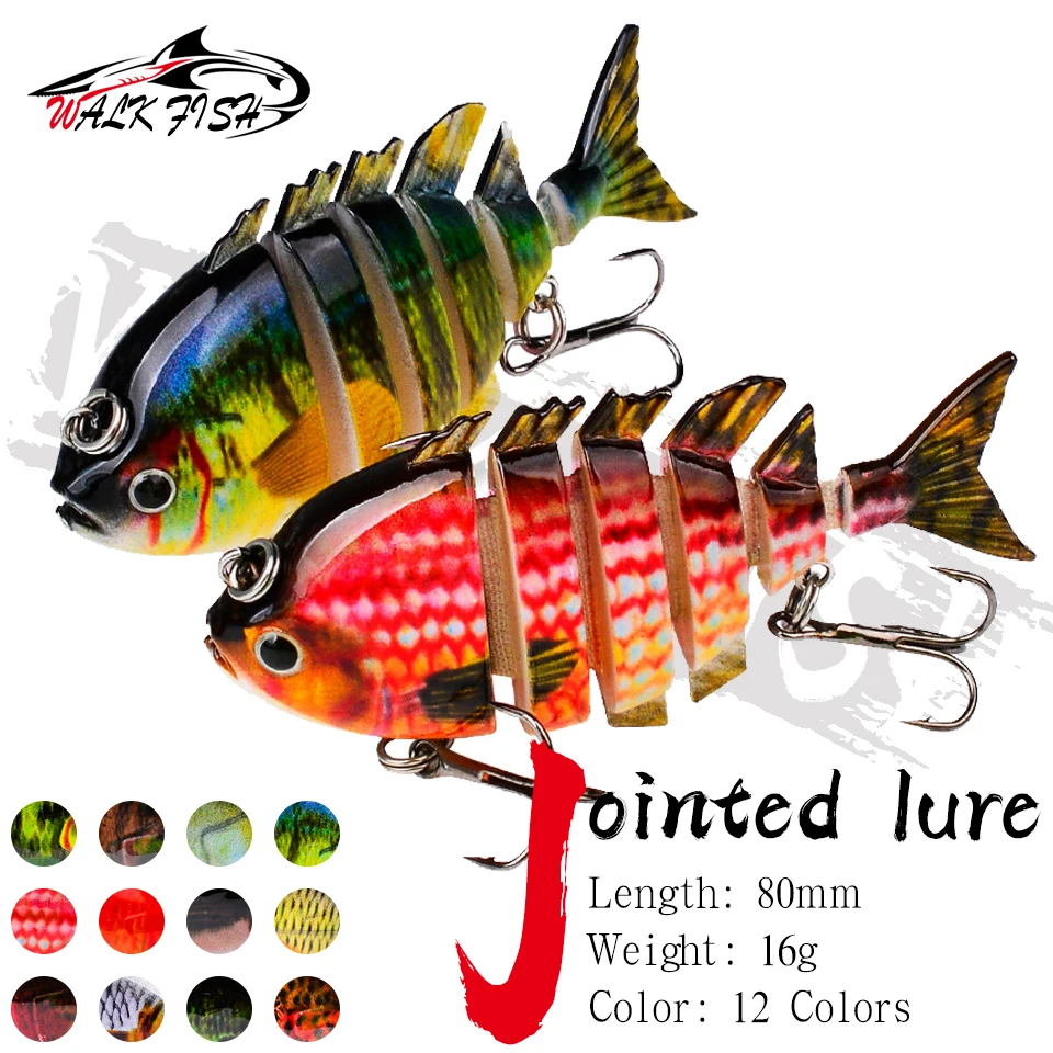 WALK FISH 1 Stück 16g/8cm Sinkender Wobbler Mehrteiliger Angelköder Crankbait Swimbait 8-Segment-Köder für Süßwasser Langsam Sinkender Fischköder