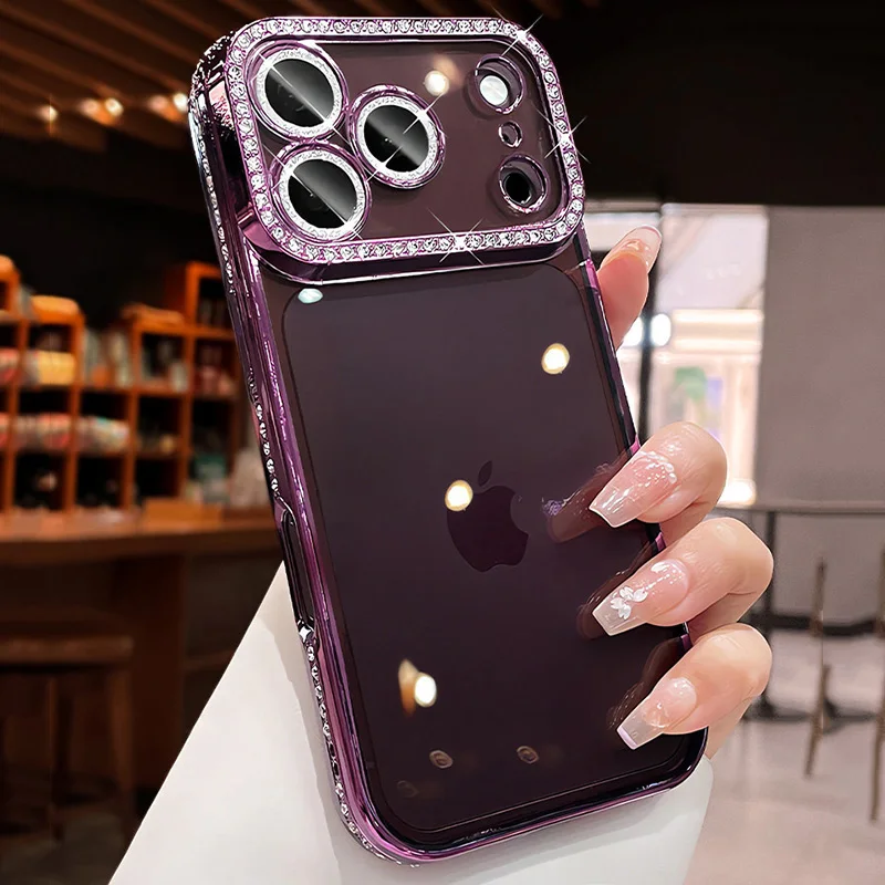 Luxuriöse Bling-Kristall-Linsenschutzfolie Handyhülle für iPhone 11 12 13 14 15 16 17 18 Pro Max Plus Air Stoßfeste Silikon-Bumper-Hülle – Detail 5