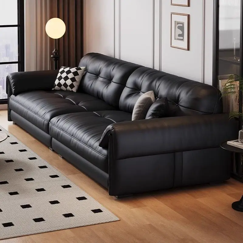 Black Leather Sofa Italian Minimalist Leather Home Living Room Three-person Elephant Ear Sofa Leather Art