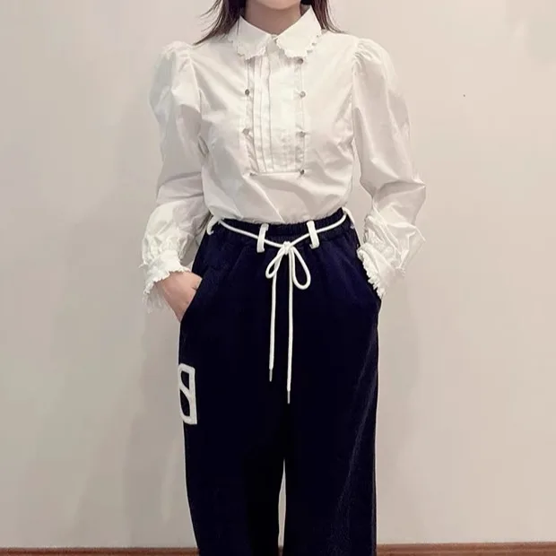 Japońska koszula w stylu sweet white z długim rękawem, na wiosnę i jesień, nowość 2025, dopasowana koszula dla dziewcząt i kobiet, codzienna, basic, casualowa bluzka.