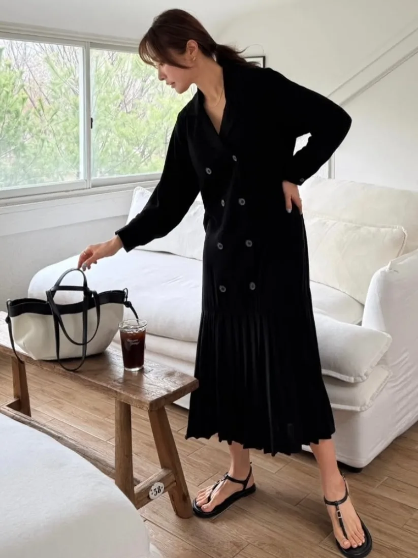 Chic Summer Spring Loose Suit Collar Double Button Plaid Skirt Dr Women's Faionable Commute Pure E-commerce Other Material