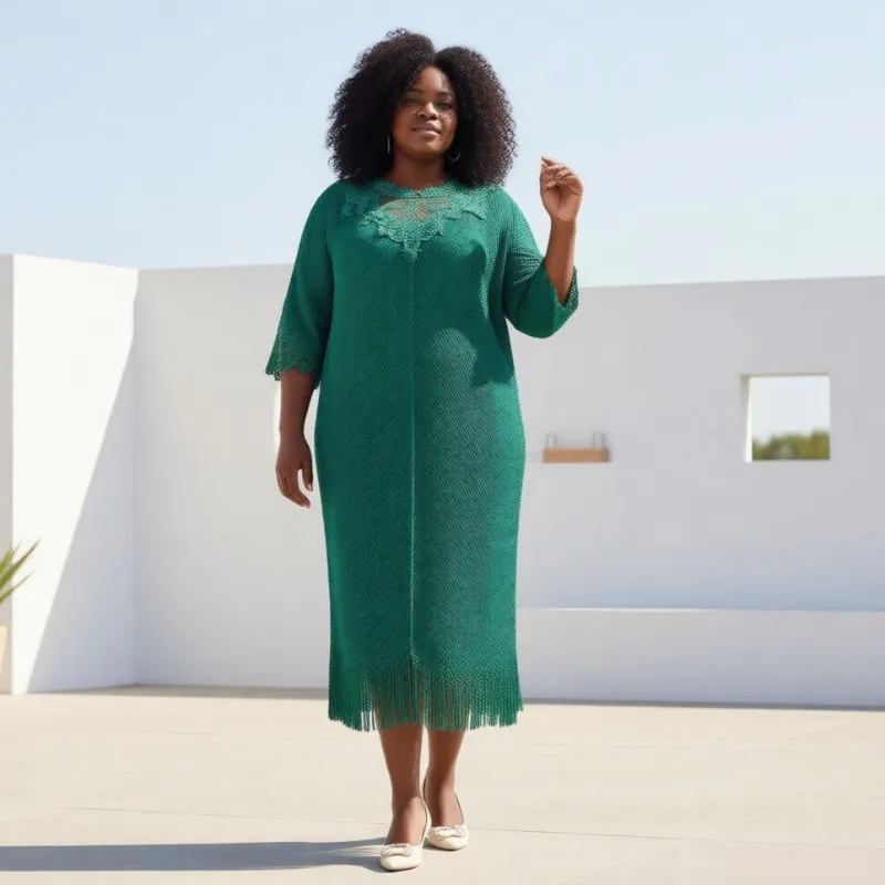 Miyake robe plissée 2026 nouveau col rond dentelle frange creuse conception tempérament décontracté grande taille extensible bureau longues robes