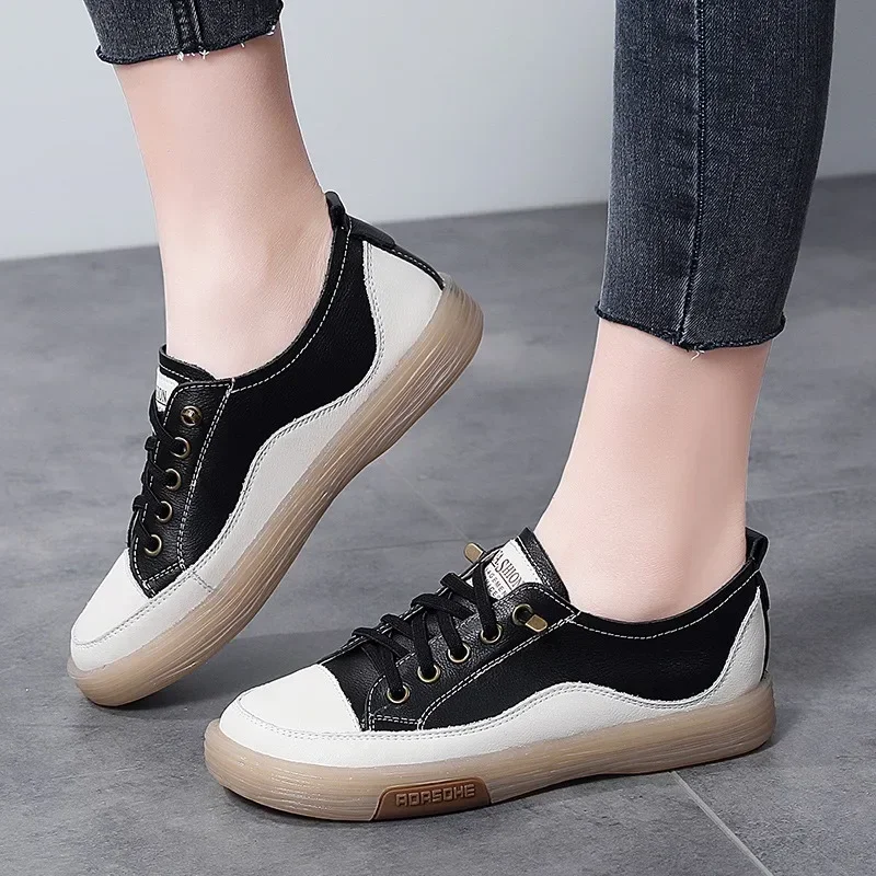 Genuine Leather Shoes for Women Luxury Casual Shoes Low Top Flat Women Tennis Sneakers Wide Toe Soft Ladies Little While Shoe