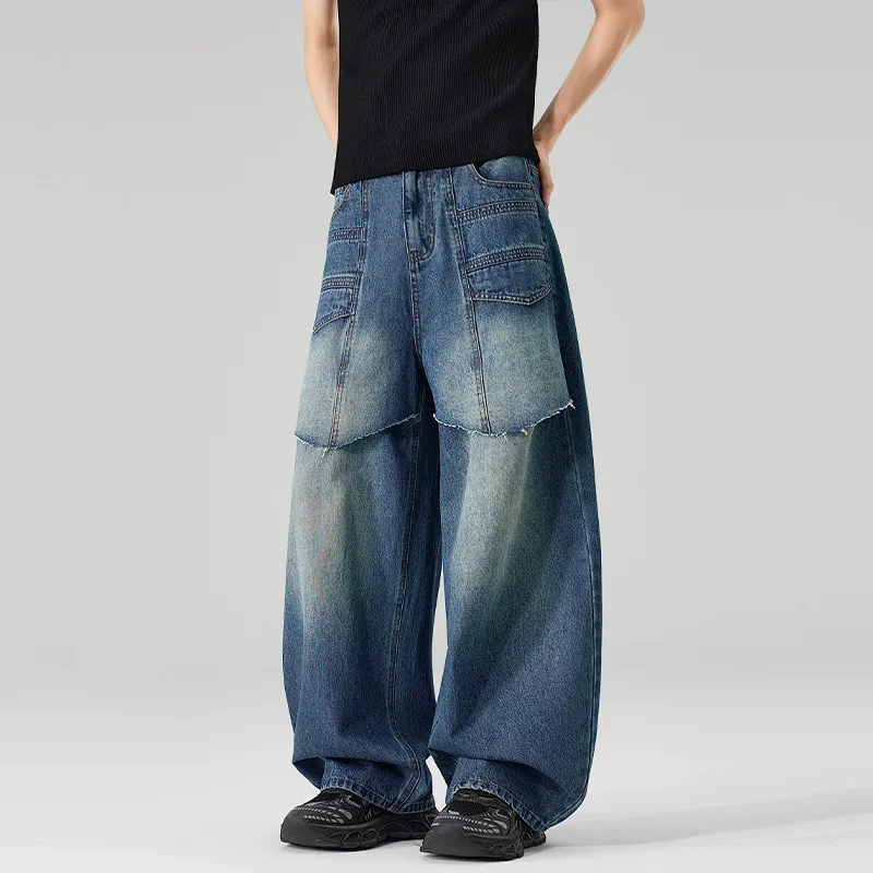 Men's Blue Spliced Casual Trendy Simple Basic Cool Baggy Wide Leg Denim Trousers Male American New Fashion Clothes Jeans Pants