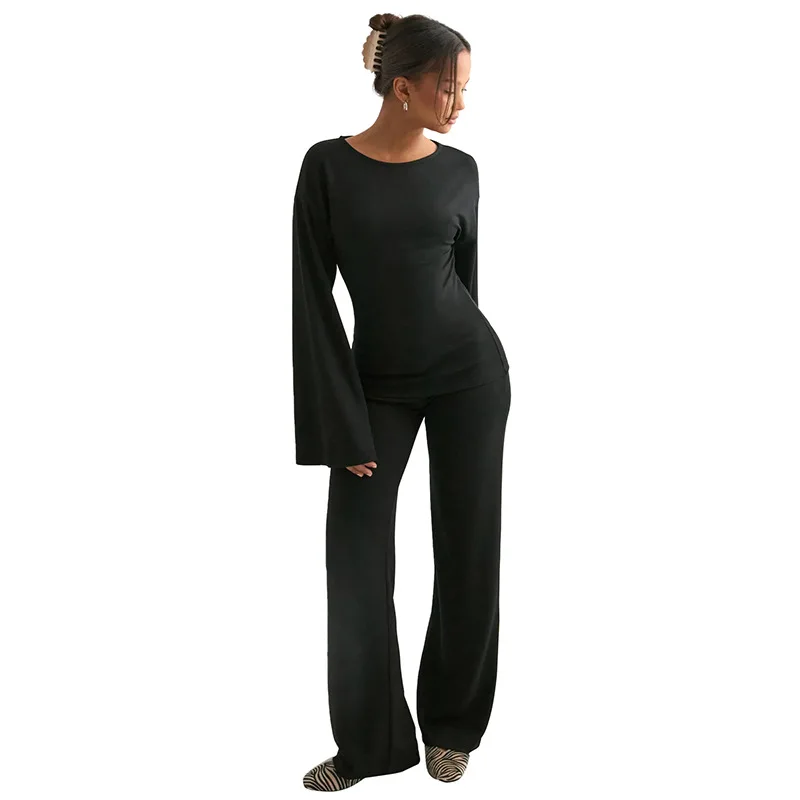 Conjunto ultraconfortável, gola redonda, manga microflares, conjunto de calças retas de cintura alta, elegante, duas peças, roupa de dormir