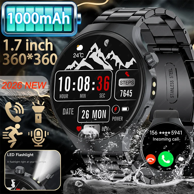 

NEW Outdoor1000mAh Big Battery Smart Watch HD Bluetooth Call 1.7inch Large Sceen LED Flashlight Sports Waterproof Smartwatch Men