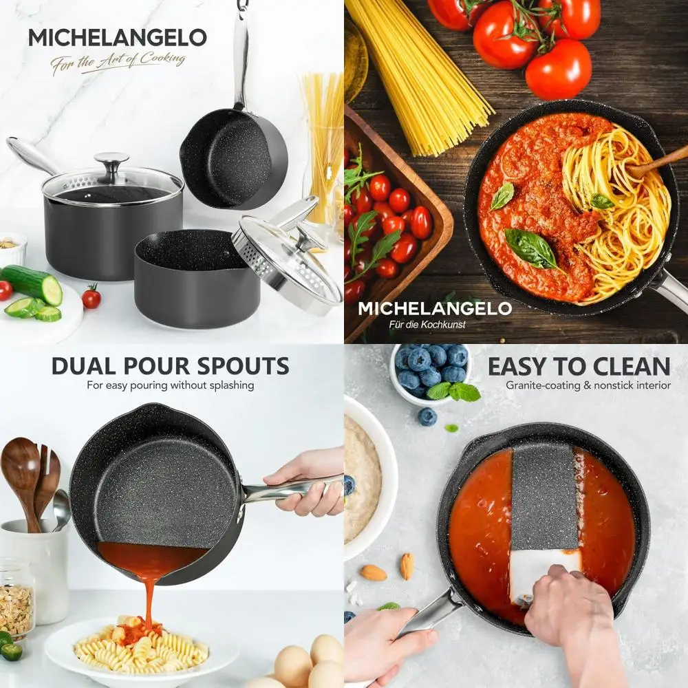

Nonstick Granite-Coated Saucepan Set, 1.5QT, 2QT, 3QT with Lids & Strainer - Induction-Ready