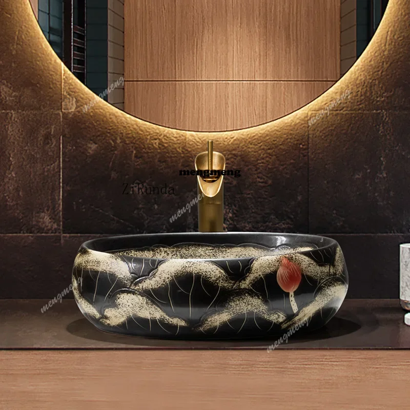 F150  Lotus Ceramics Chinese-style countertop basin Outdoor courtyard Balcony Toilet Wash table Single basin Oval