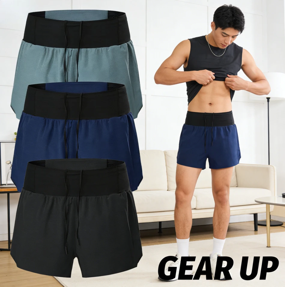 Men Running Shorts Quick Dry Double Layer Sport Shorts With Fanny Pack Multi Pockets Workout Jogging