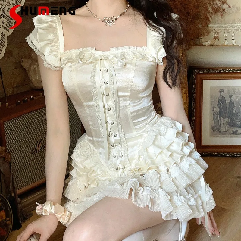 2024 Summer New Heavy Industry French Style Classical Corset Lace-up Shirt Women\'s Clothes Slim Fit Square Collar Blouse Mujer