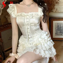 2024 Summer New Heavy Industry French Style Classical Corset Lace-up Shirt Women's Clothes Slim Fit Square Collar Blouse Mujer