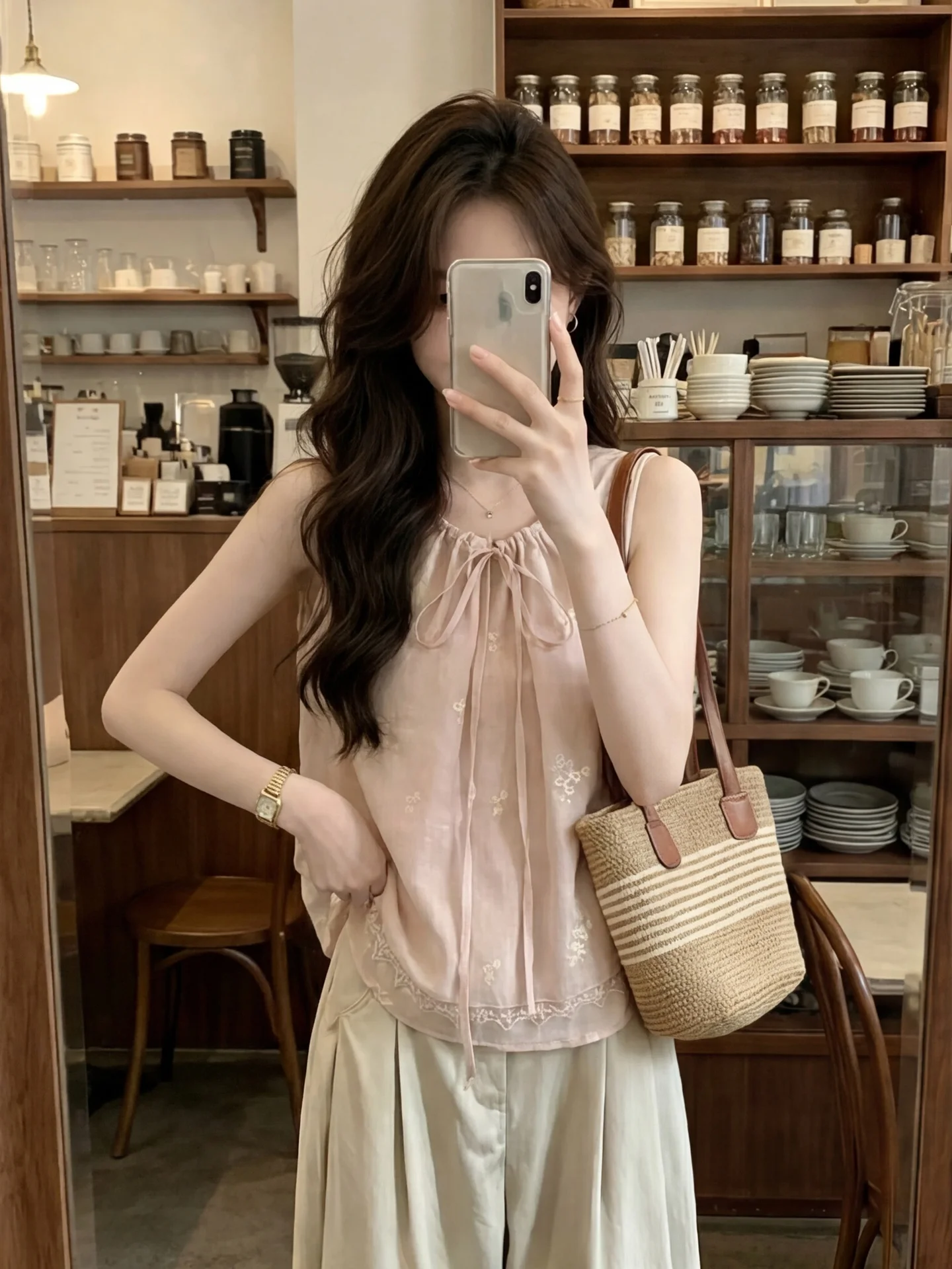 

Pink Floral Tie-Detail Sleeveless Shirt Women's Summer New Style Unique Beautiful Versatile Design Loose Fit Breathable Top