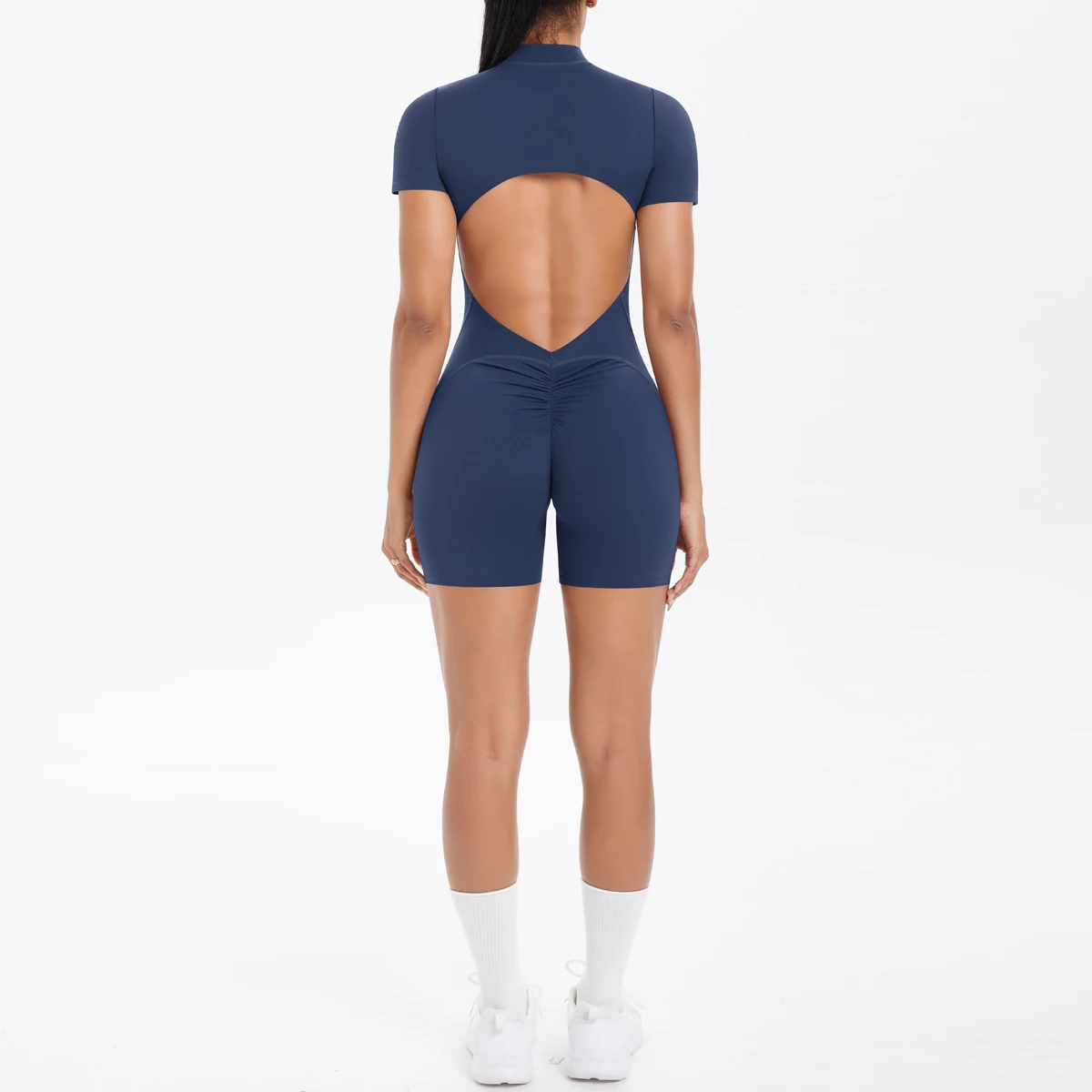 Ausgehöhlter, rückenfreier, kurzärmliger Reißverschluss-Overall für Damen, Overall, Yoga-Anzug, einteilige Legging, kurze Push-Up-Gymnastik-Yoga-Kleidung – Detail 25