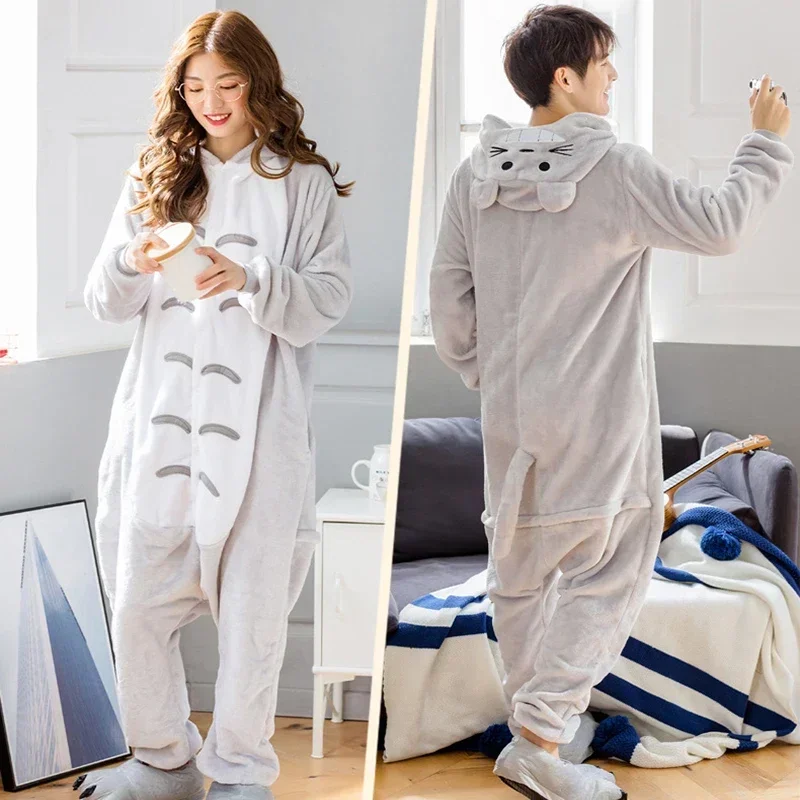 Adults Totoro Onesies Pajamas Set Cartoon Animal Winter Fleece Onesies Women Men Hooded Sleepwear Halloween Costume Homewear