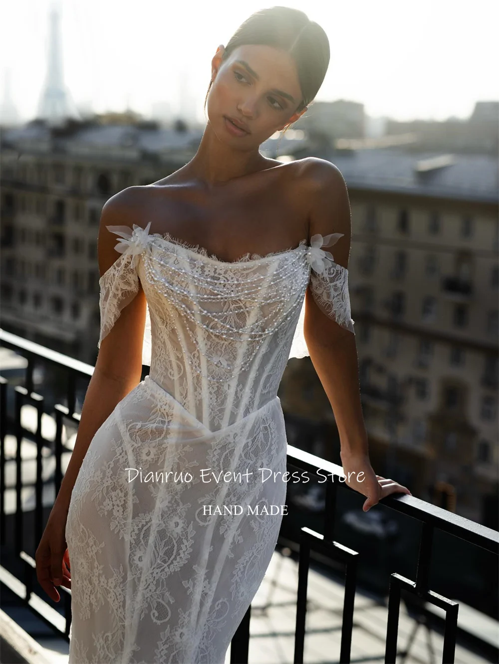 Dianruo Beaded Chains Off The Shoulder Wedding Dresses Lace Sweep Train Vestido De Noiva Charming Mermaid Bride Gowns Customized image 6