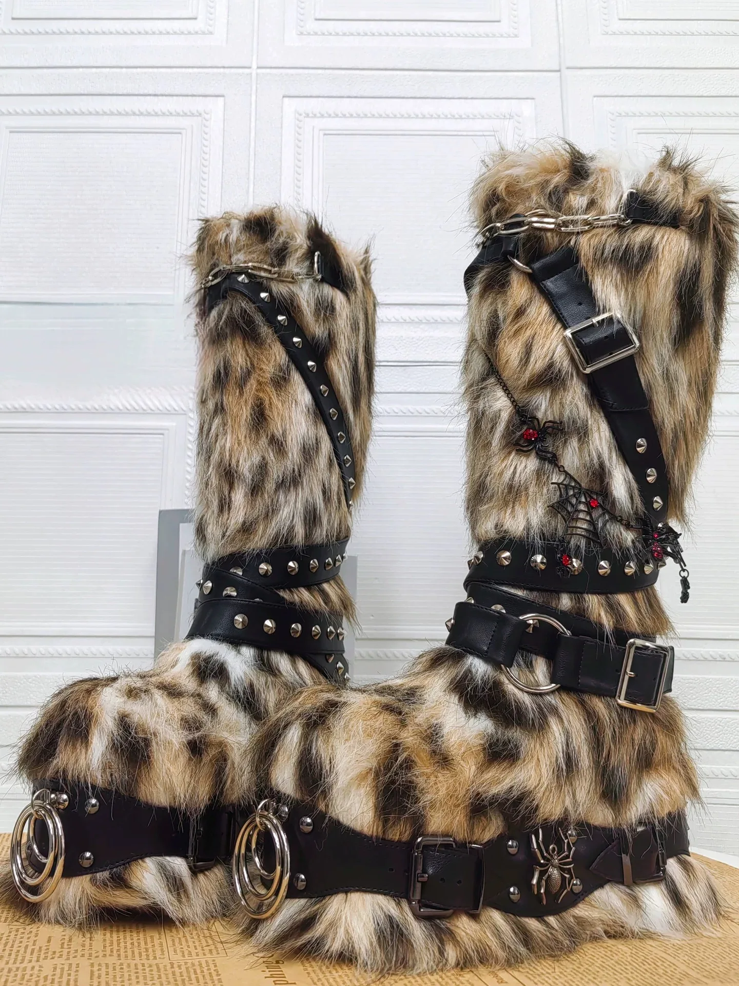 New Fall/Winter Women's Leopard Fur Metal Chain Buckle Rivets Boots Brown Platform Round Toe Stud Spider Decor Punk Long Boots