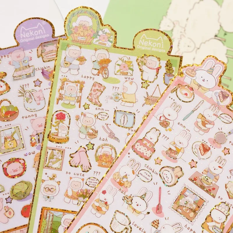 Cute Animal Sticker Scrapbooking Craft Suppliers Laser Rabbit Sheep Pig Cat Bear Journaling Stickers DIY Photo Decoration
