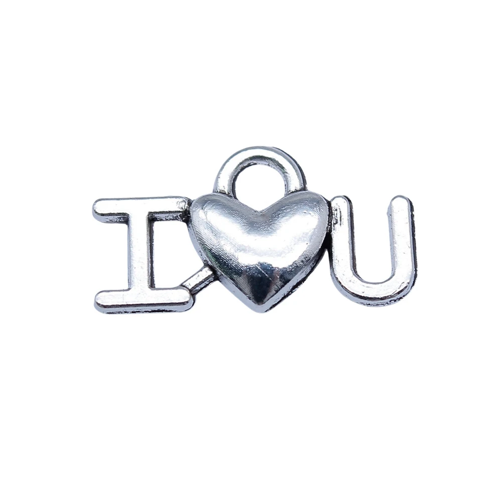 40pcs/lot 9x17mm I LOVE U Charms For Jewelry Making Antique Silver Color 0.35x0.67inch