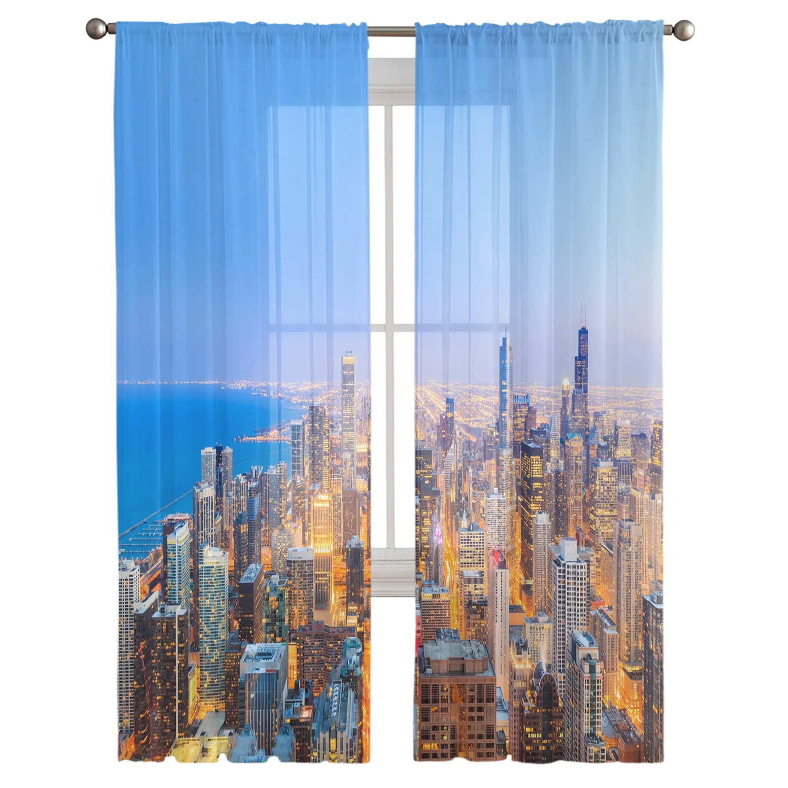 Luxury Tulle Curtains Lake Michigan City Dusk Living Room Kitchen Chiffon Curtain Youth Bedroom Sheer Floor Valance Curtain