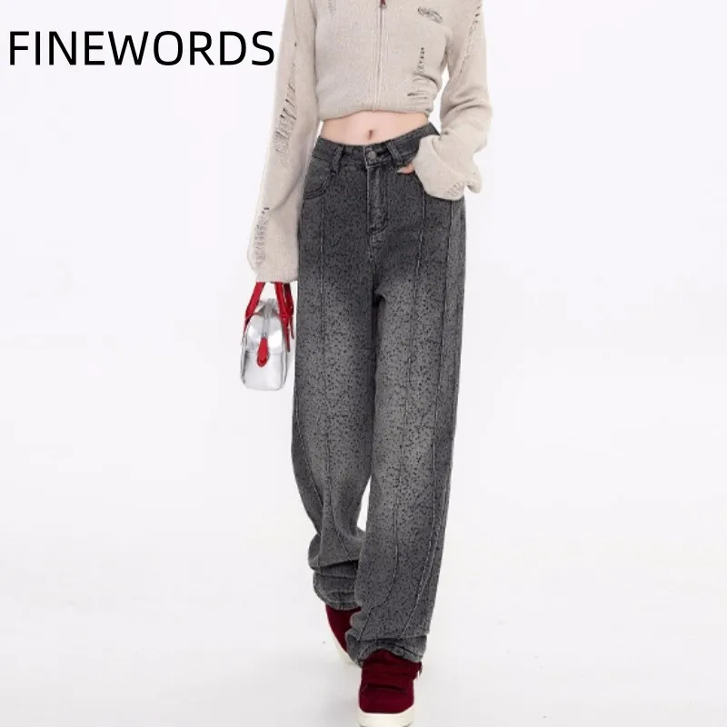 

FINEWORDS Jacquard Texture Wide Leg Baggy Jeans Women High Waist Retro Jeans Korean Full Length Punk Casual Streetwear Jeans