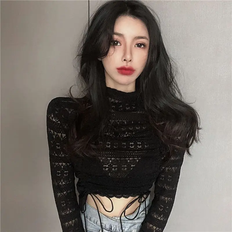 Turtleneck SeeThrough Hollow Out T Shirt Autumn Lace Long Sleeve Top Slim Korean Fashion Woman Clothes Drawstring Pullovers