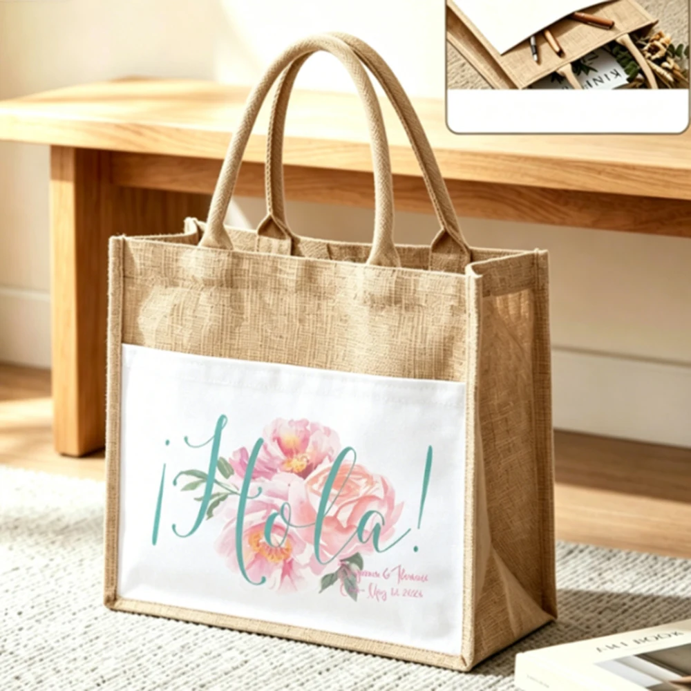 

Custom Beach Wedding Tote Bag Durable Jute Material Tote Bag Customizable Floral Printed Shoulder Bag Wedding Favor Gift Bag