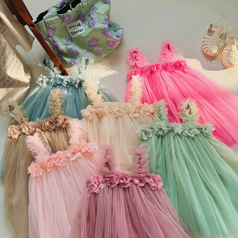 

Summer 3D Flower Girls' Mesh Strap Dress with Flutter Sleeves, Reversible, High-Density Soft Mesh Puffy Princess Dress