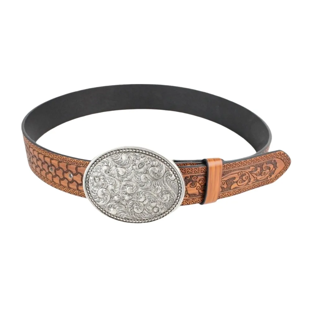 Sabuk Koboi Barat Lebar Modis Sabuk Pinggang Kulit PU Antik Ikat Pinggang Retro Kasual Pria Wanita