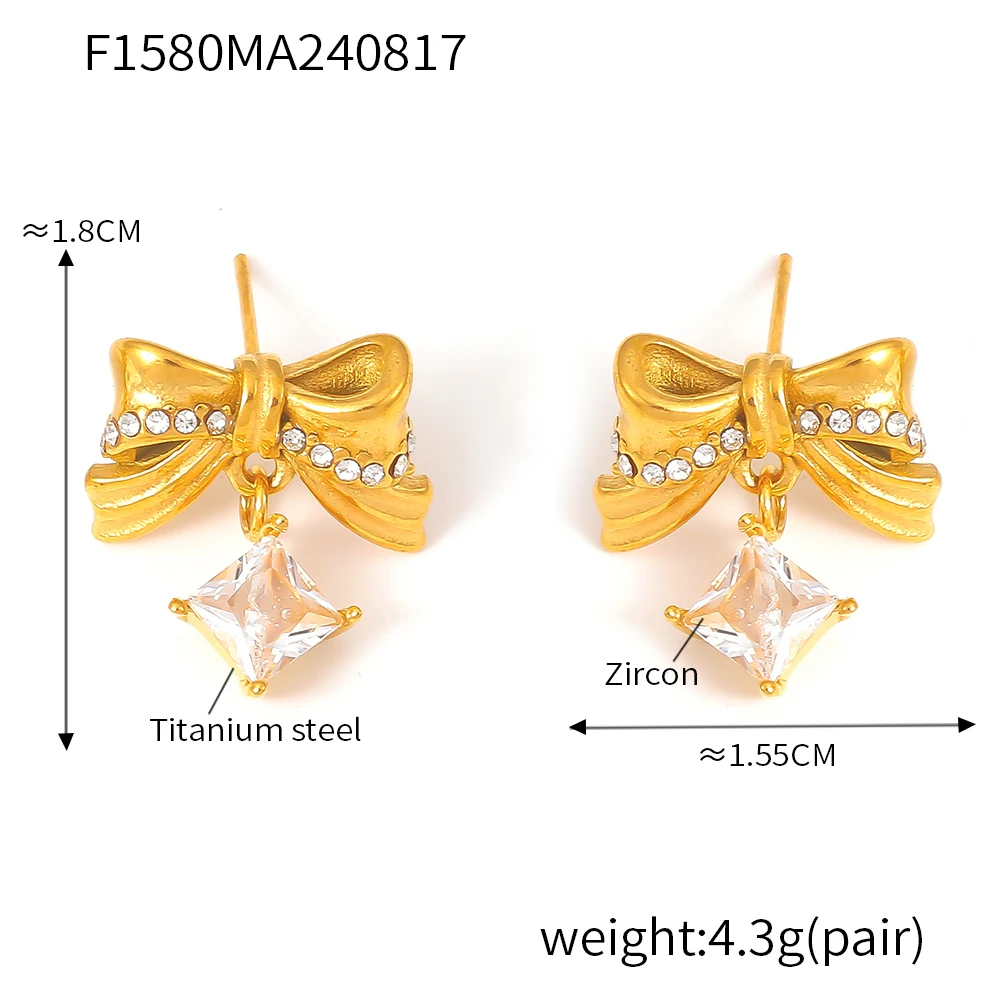 Bowknot Fashion Earrings for Women Stainless Steel Square White Zircon Ear Stud Charm Female Gold Plated Jewelry Wholesale