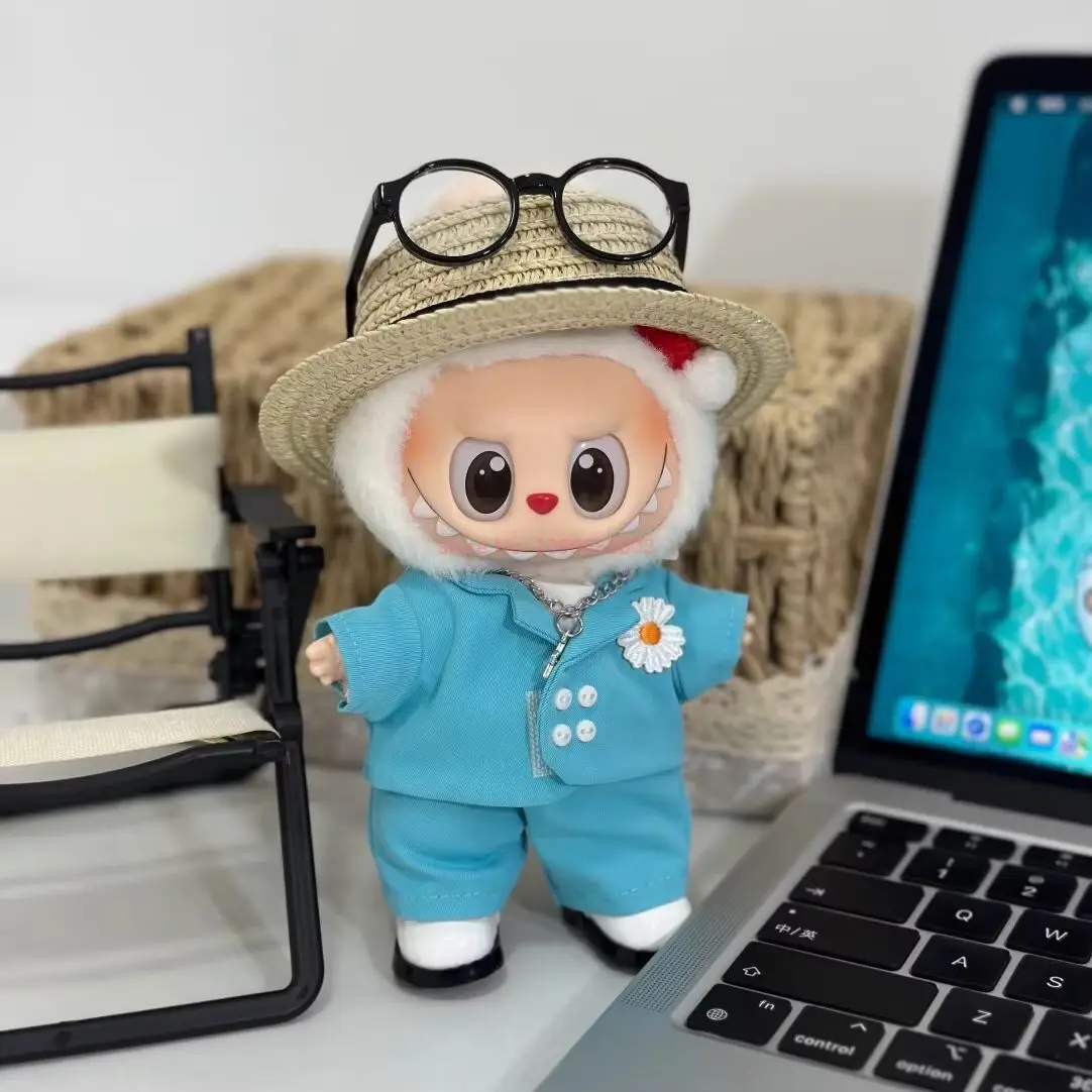 Labubu V1v2v3 muñeca colgante de 17cm estilo estrella traje azul/negro conjunto con sombrero traje de niño de moda DIY accesorios de ropa regalos