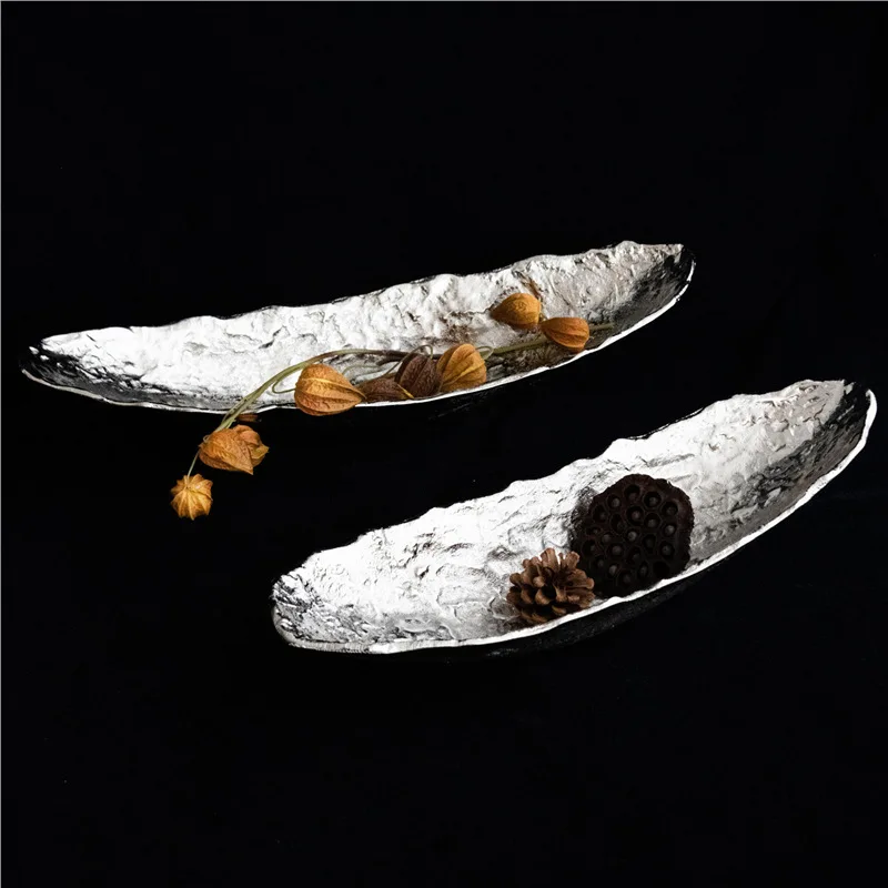 India imported long hammer silver tray, retro metal dried fruit living room desktop storage plate decoration