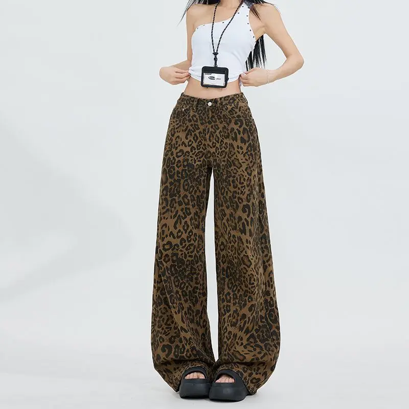 Spring Baggy Leopard Pant Female Loosen Fit Hip Pop Denim Leopard Pants For Women