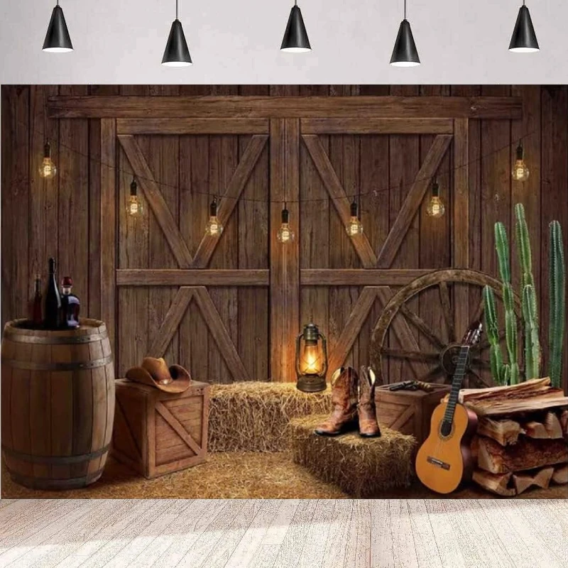 Western Cowboy Photography Backdrop Wild West Barn Door Wooden House Background Party Backdrop Wall Banner Poster Decor