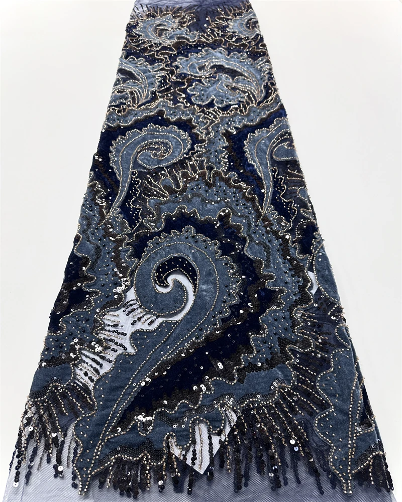 Luxuriöser 3D-natürlicher handgefertigter Perlen-Spitzenstoff, afrikanischer Tüll, Pailletten, Perlenstickerei, französisches Netz, 2025