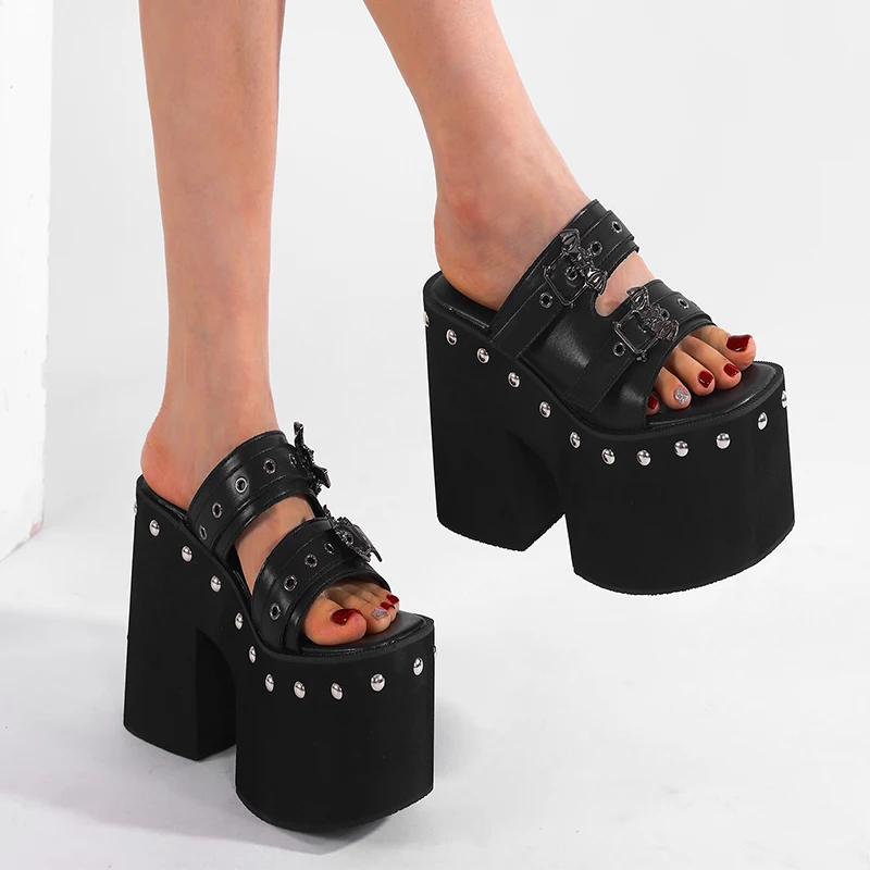 Black Chunky Platform Sandals For Woman Belt Buckle Slippers 13cm Heeled Sandals Small Size 34 Summer Ladies Block Heels Shoes