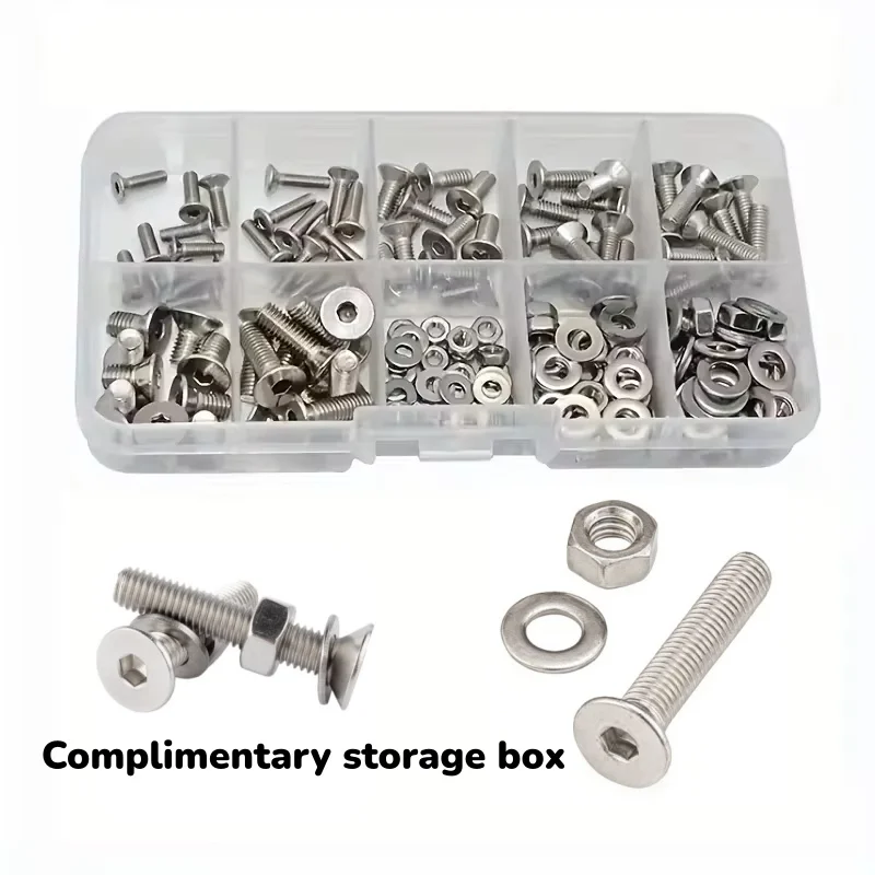 M3 M4 M5 M6 201 Stainless Steel Allen Key Flat Countersunk Head Screw Kit Nut Washer Set Kit Box