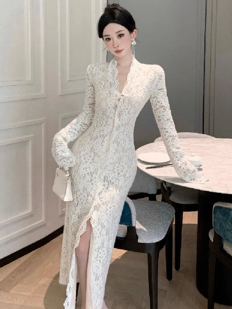 Topenomi Elegant Lace Long Sleeve Wedding Dress Women Autumn Sexy V Neck Lace Up High Waist Slim Split Evening Party Gown Robe