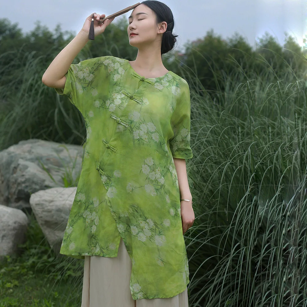 

Женская свободная блузка в китайском стиле в стиле ретро, нерегулярная блузка с пуговицами в виде лягушки, высококачественные топы для отдыха с принтом рами и боковым открытием, с половиной рукавов