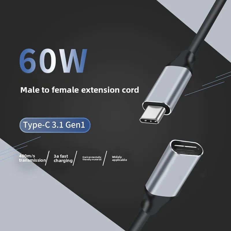 

Type‑C Male to Type‑C Female Extension Cable, 3.1 Gen 1 Standard, 60W, Aluminum Alloy Shell Type‑C Extension Cable
