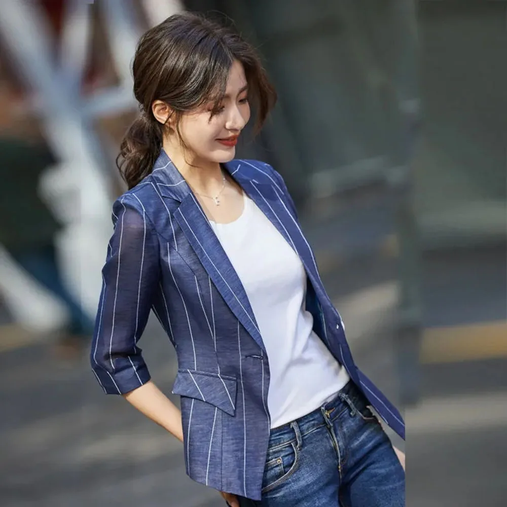 

Модный тонкий пиджак в полоску со средним рукавом, женский пиджак, пальто Casaco Feminino, новинка 2025, лето-осень, корейская куртка, верхняя одежда, топ