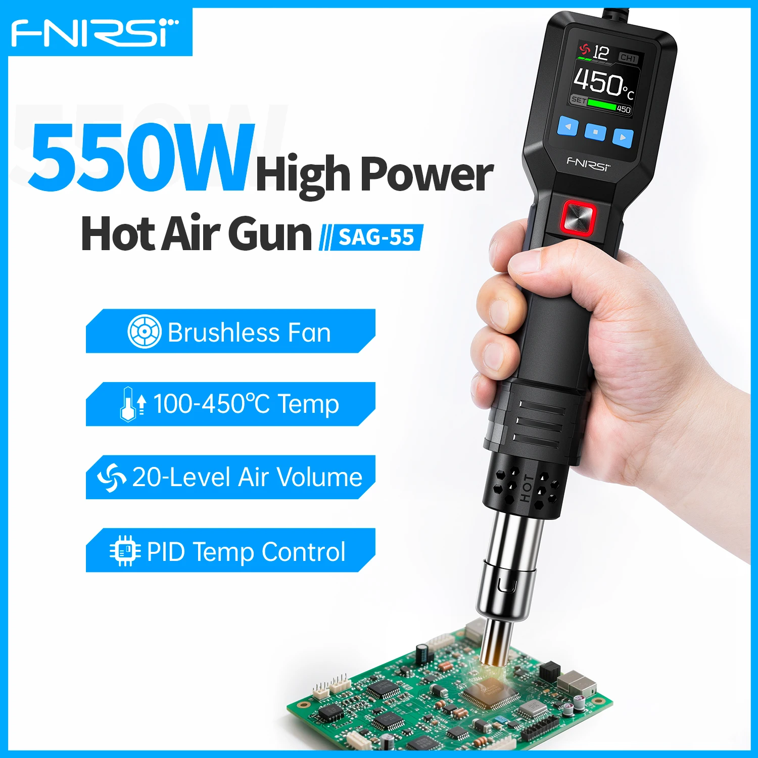 FNIRSI SAG-55 550 Вт фен с подставкой, цифровой фен с ЖК-дисплеем, термопистолет с регулируемой температурой для инструментов для ремонта телефона