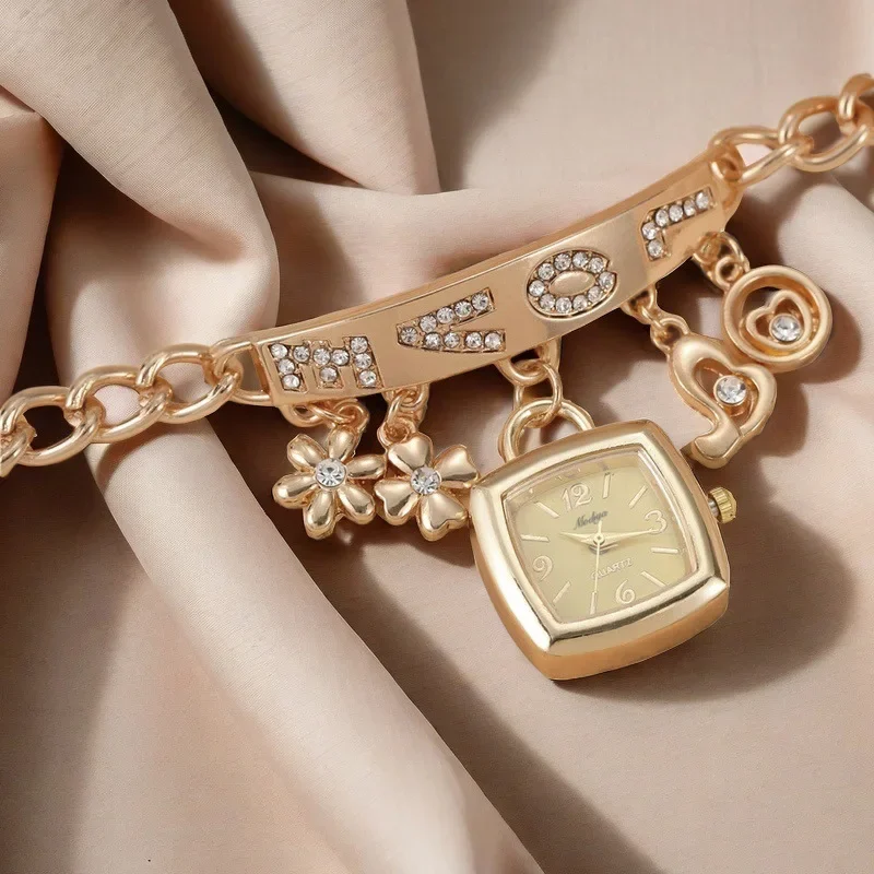 ساعات نسائية فضية عتيقة مع حروف حجر الراين مطعمة سلسلة سوار زهرة قلادة ساعة معصم هدية للسيدات