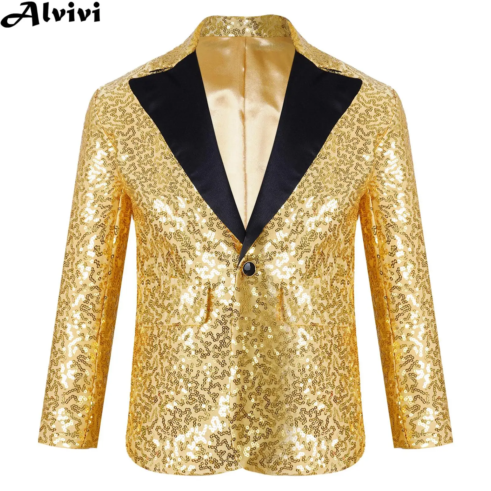 Kids Boys Long Sleeve Shiny Sequin Lapel Blazer Jacket Dance School Choir Stage Performance Costume Wedding Birthday Party Coat