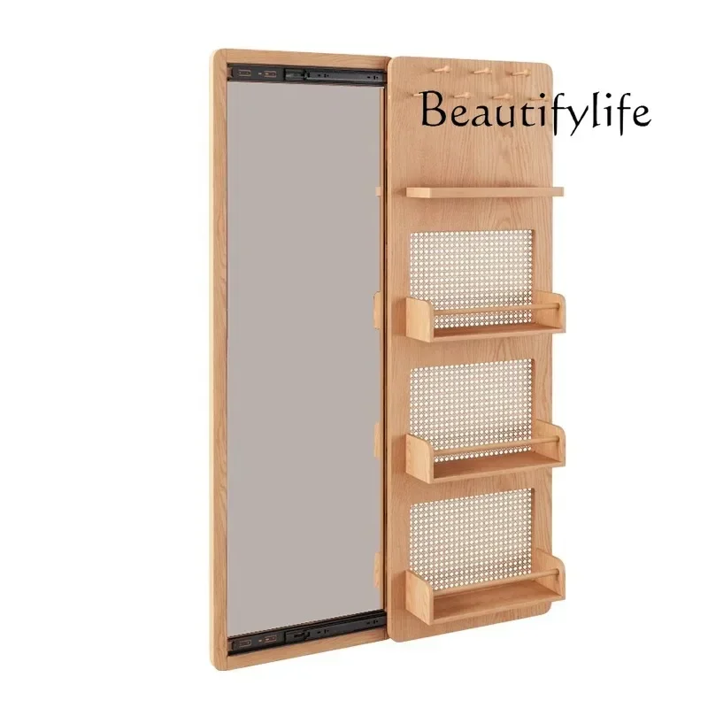 

Japanese-style solid wood full-body mirror, simple wall-mounted makeup, multi-functional hidden push-pull storage fitting mirror