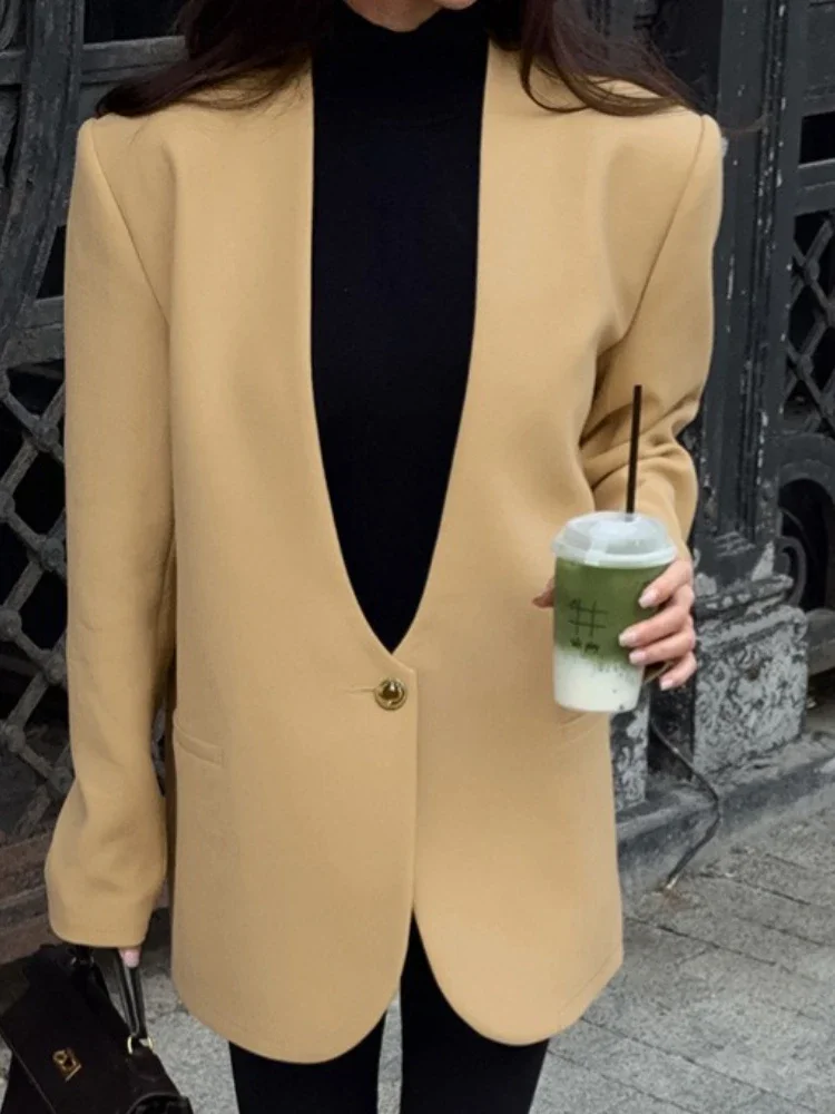 

Elegant Commuter V-Neck Suit Jacket Female Solid Loose Long Sleeves Patchwork High Street Autumn 2025 Coat For Women Suit