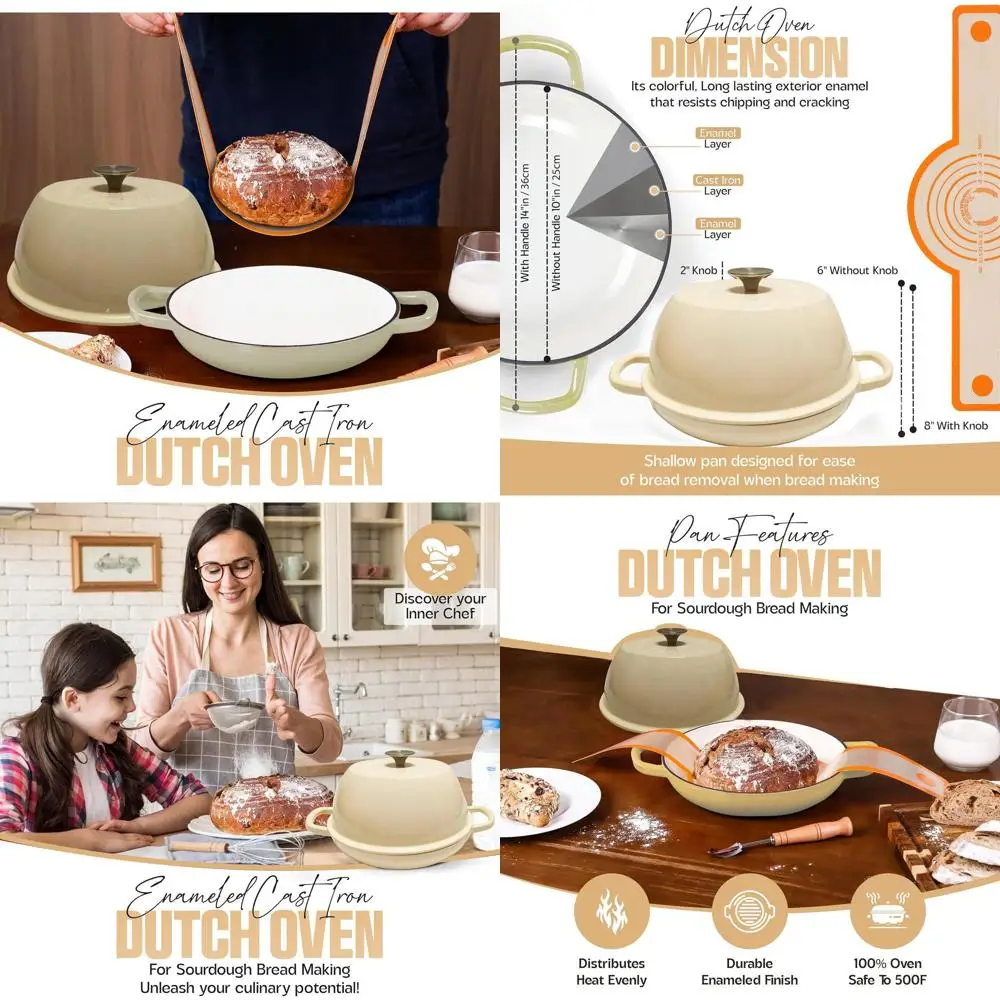 

Enameled Cast Iron Dutch Oven Pot with Lid - Perfect for Sourdough Bread Baking, 6 Quart, 5 Blade Lame & Silicone Sling, Ideal f