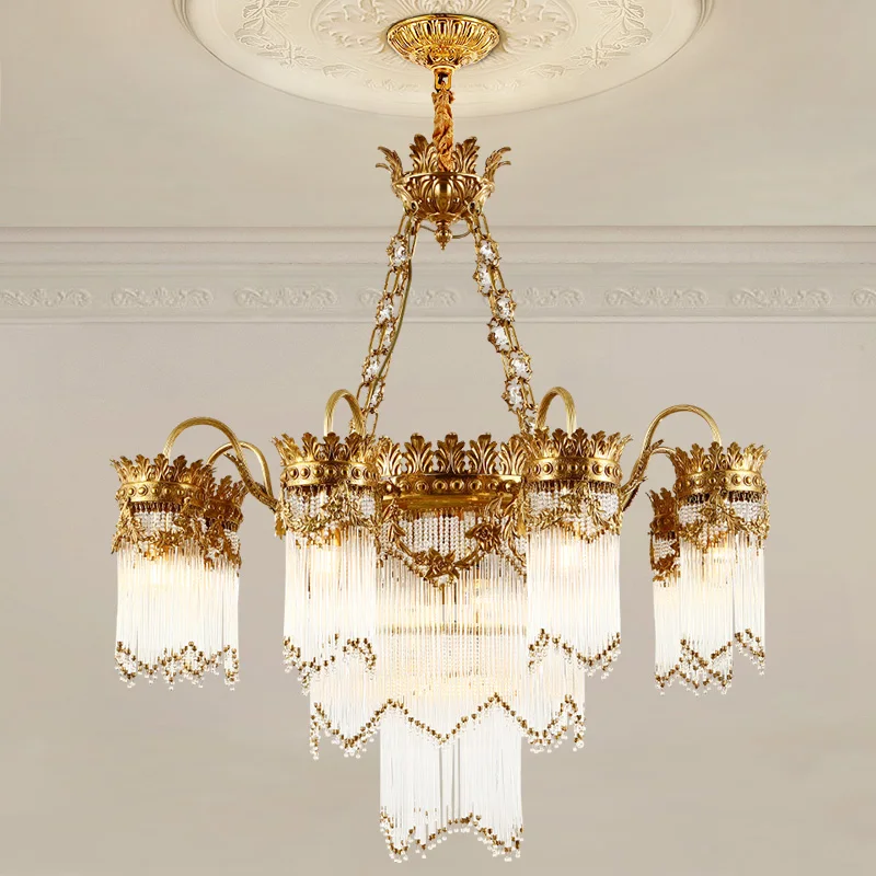 

French Villa Living Room Crystal Brass Chandelier Dinning Room Decorative Lighting European Style Luxury Led Copper Pendant Lamp